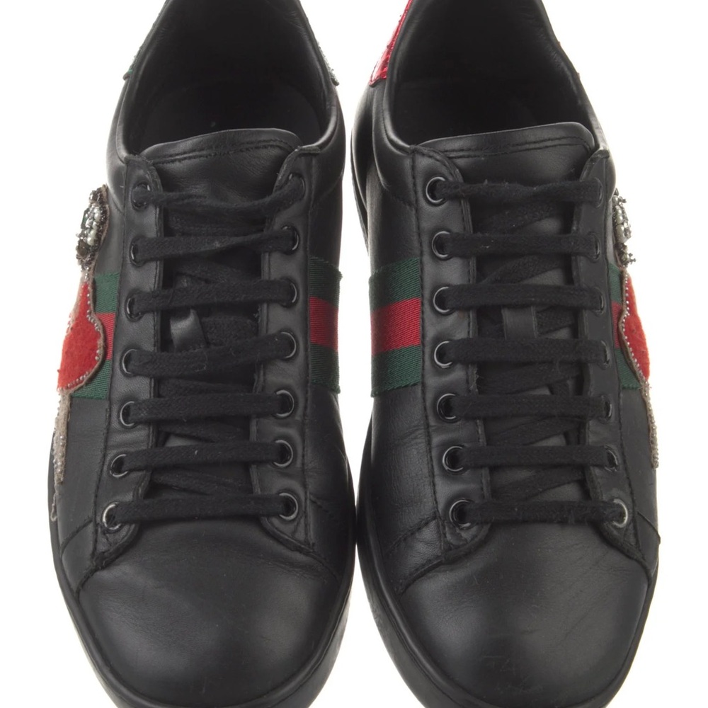 Gucci Black Leather Sneakers with Red and Green Accents